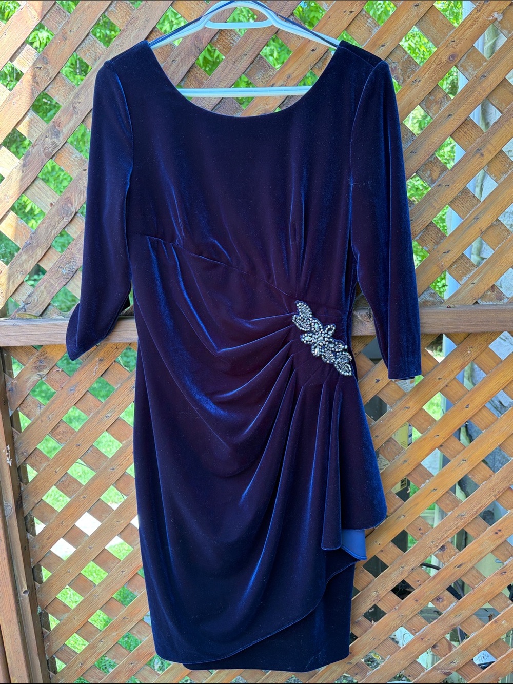 Women's 3/4 Sleeve Velvet Draped Dress with Jeweled Accent — Deep Blue